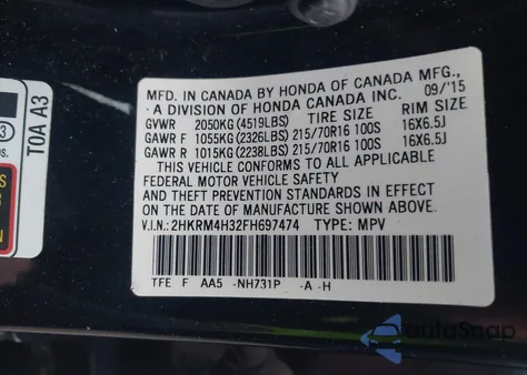 2015 Honda Cr-V Lx z USA, uszkodzony, nr VIN 2HKRM4H32FH697474